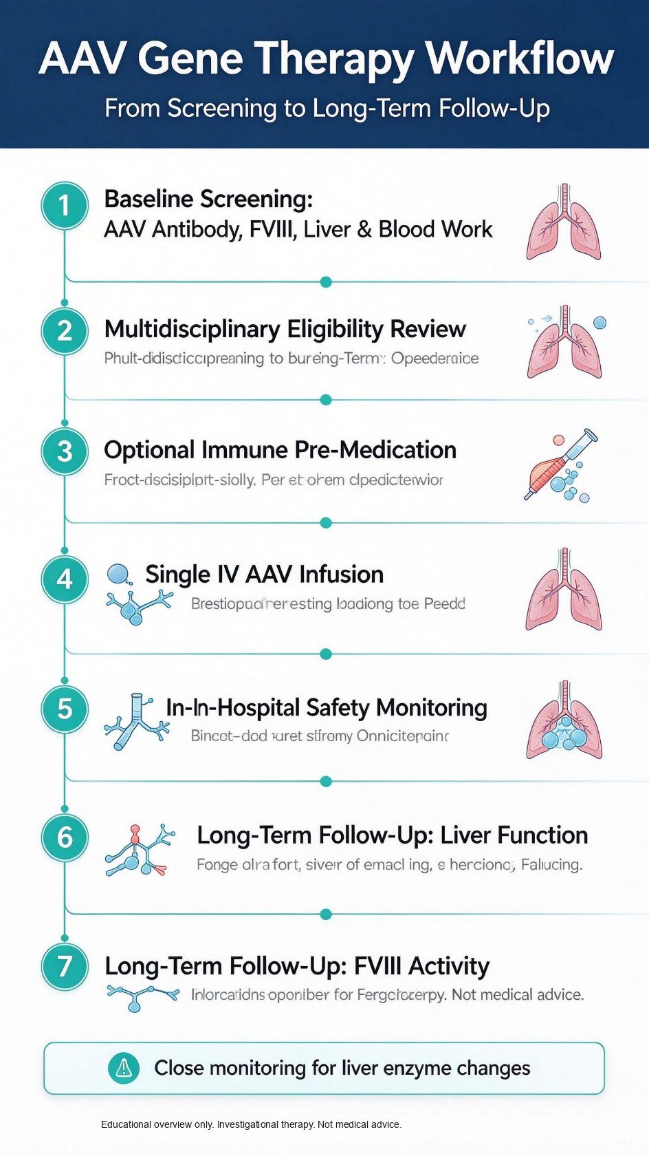 Steps: inhibitor and AAV-antibody screening, liver assessment, possible immunosuppression, a single intravenous infusion, then years of liver and FVIII follow-up