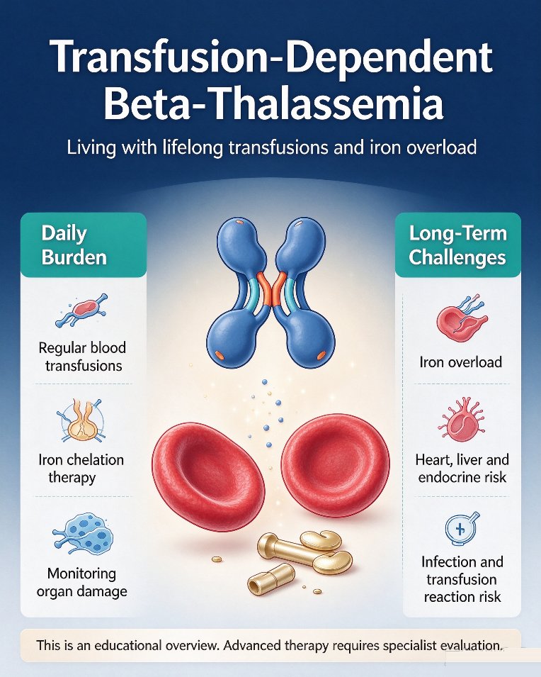 Transfusion-dependent beta-thalassemia: lifelong transfusions, iron chelation, and iron overload in heart, liver, and endocrine organs